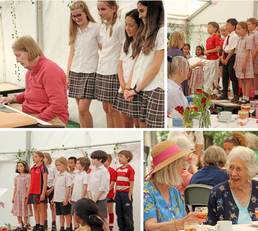 4 photos of children and senior citizens at a tea party