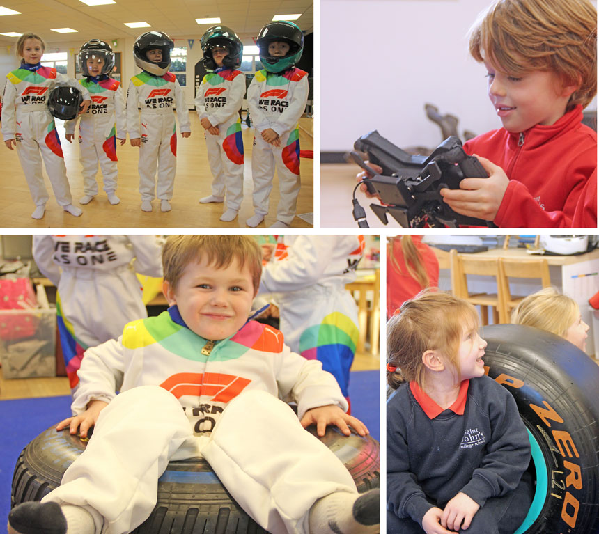 4 photos of children in racing car suits