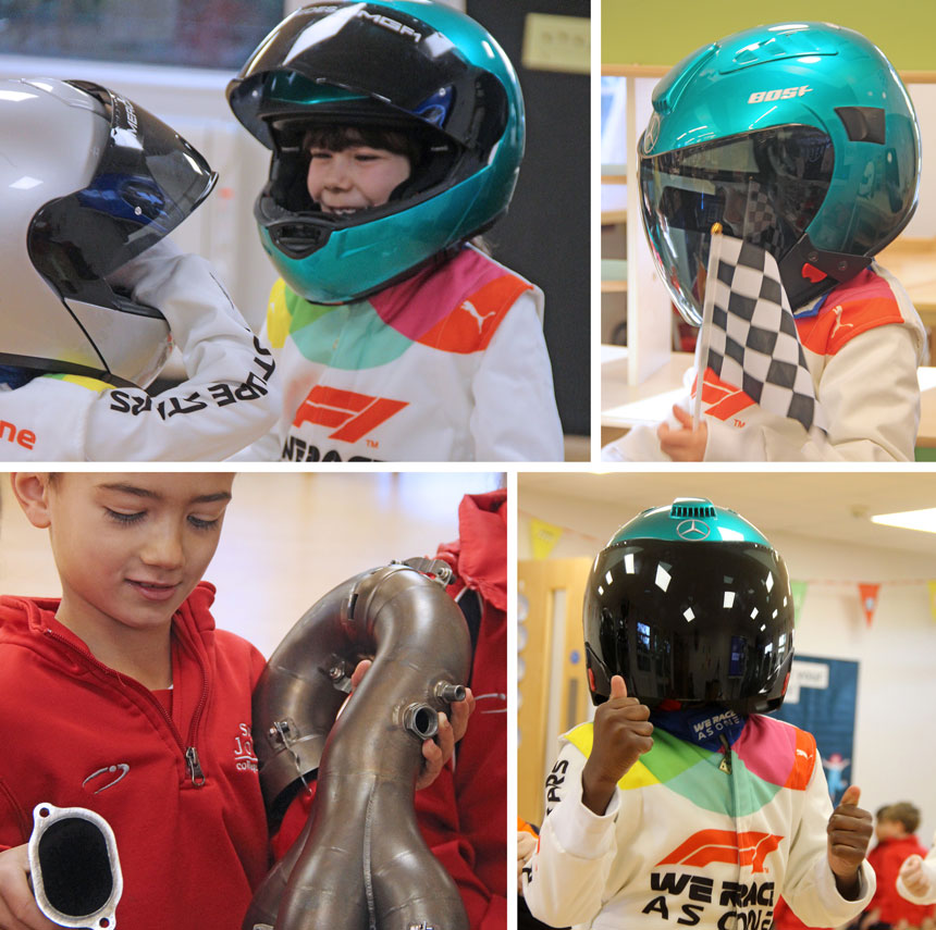 4 photos of children in racing car suits
