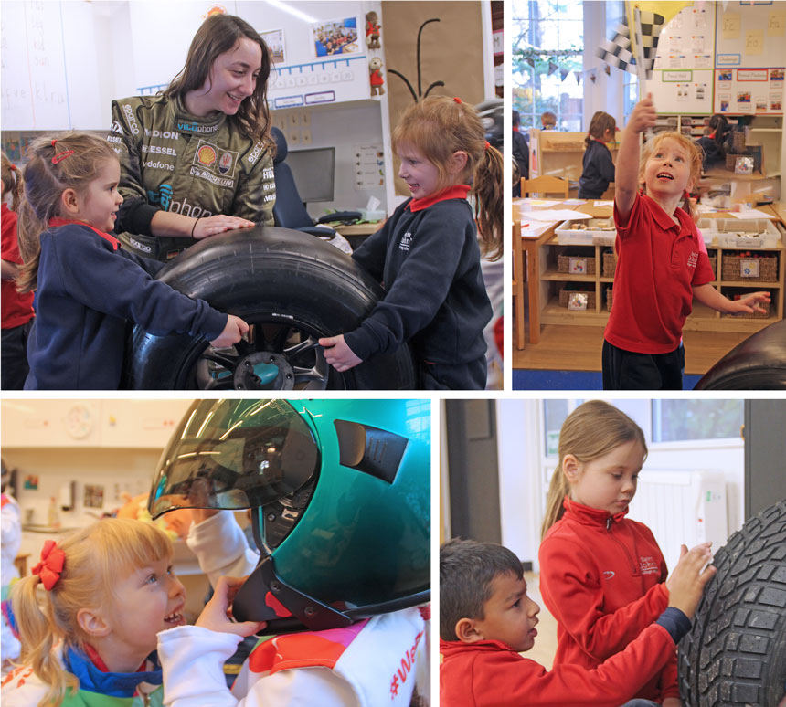 4 photos of children in racing car suits