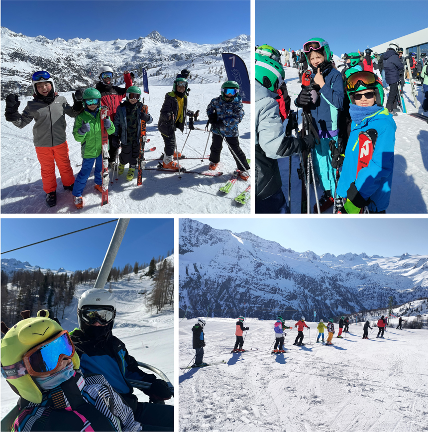 children skiing down a snowy mountain