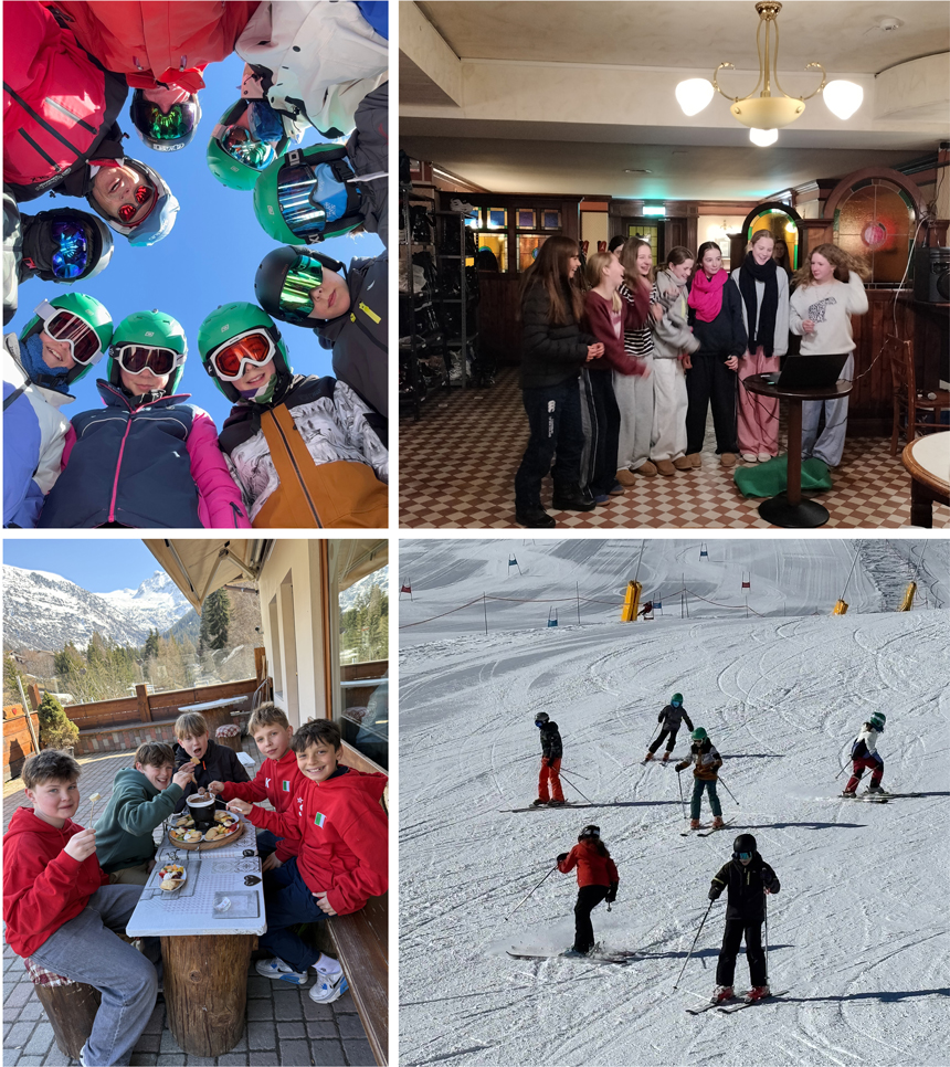 children skiing down a snowy mountain