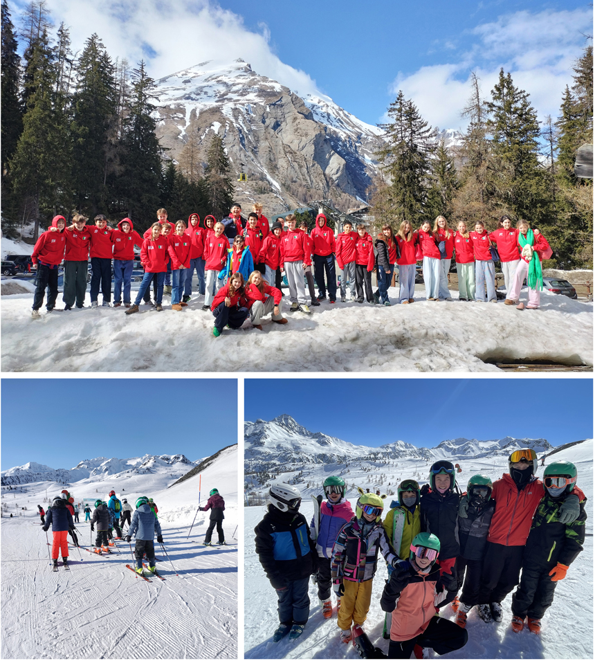 children skiing down a snowy mountain