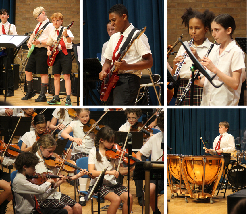 children performing and playing instruments on stage
