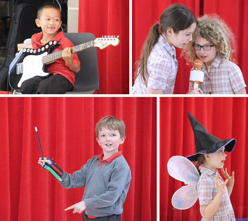 4 photographs of children performing in a talent show
