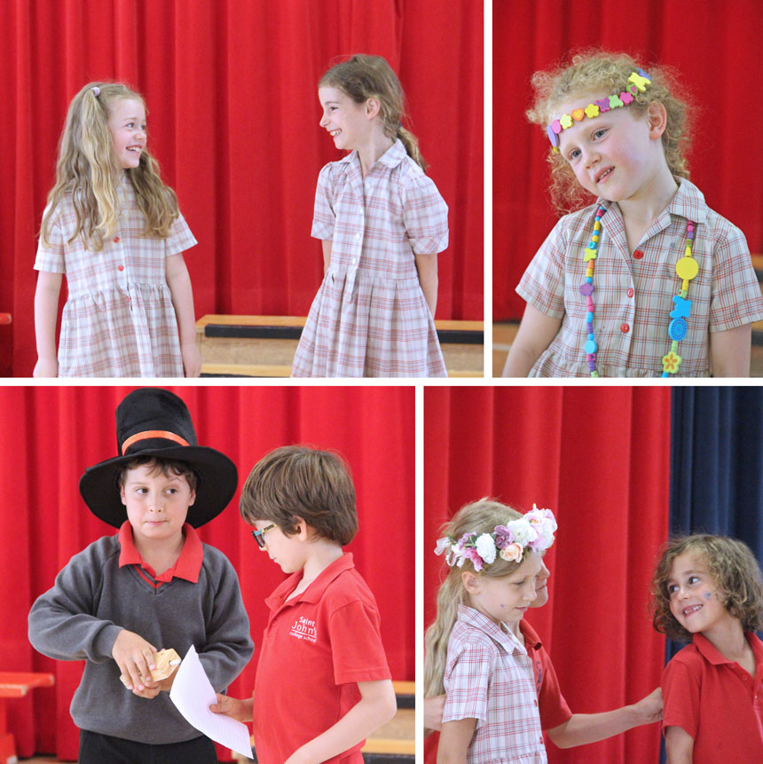 4 photographs of children singing and dancing