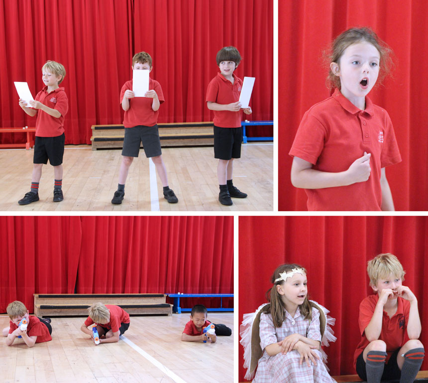 4 photographs of children singing and dancing