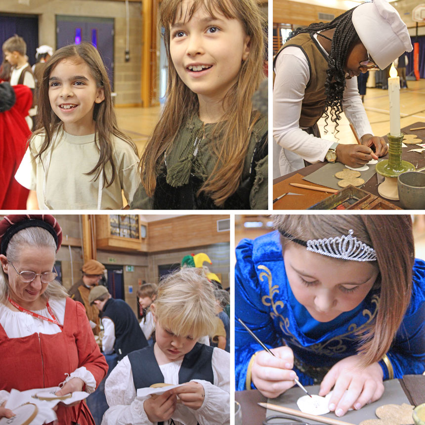 4 photos of children dressed as Tudor
