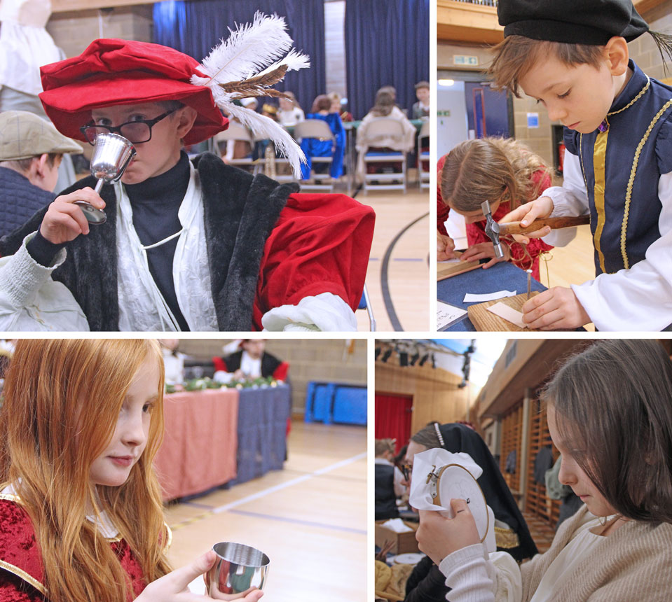 4 photos of children dressed as Tudor