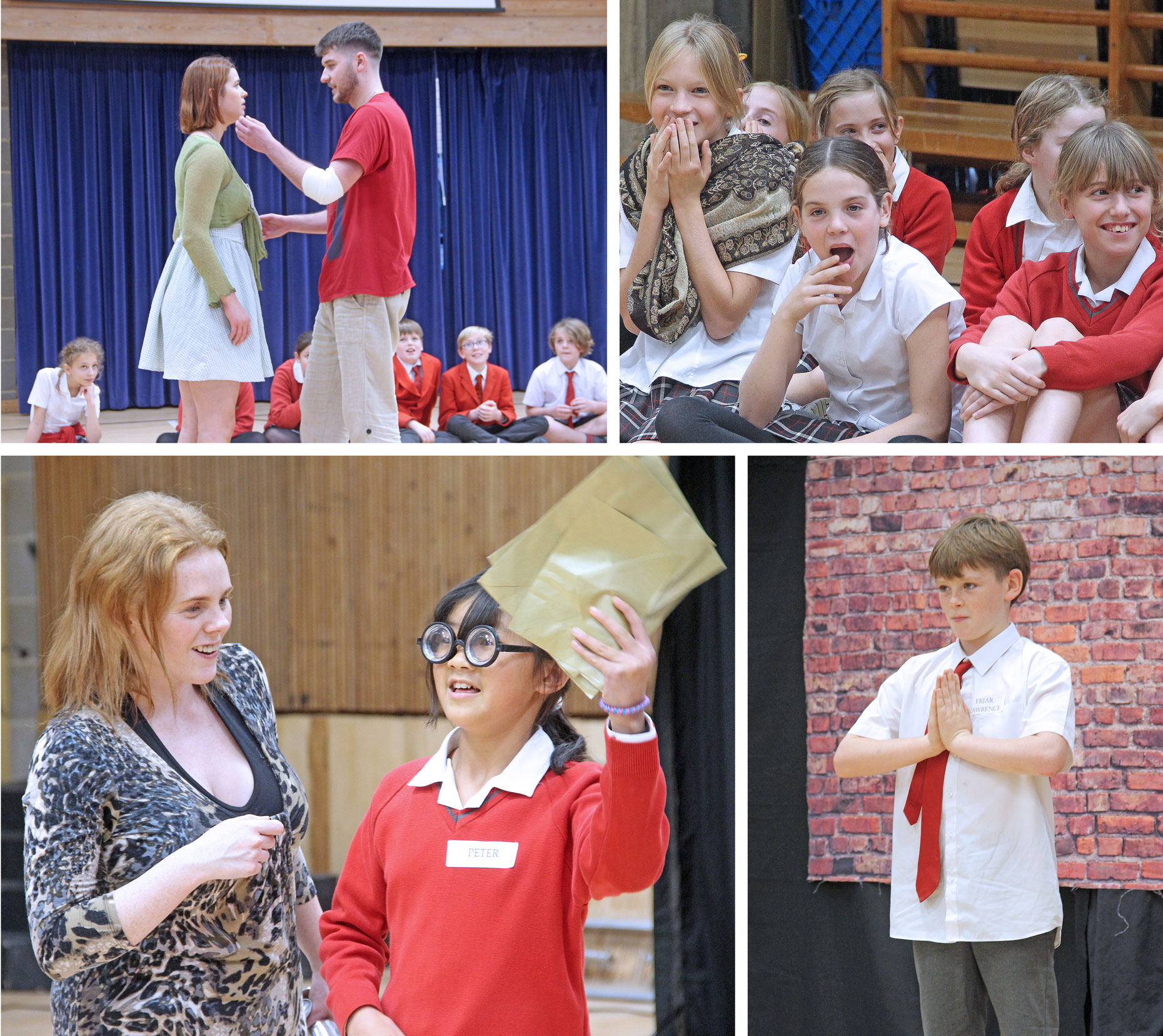 4 pictures showing children watching a play