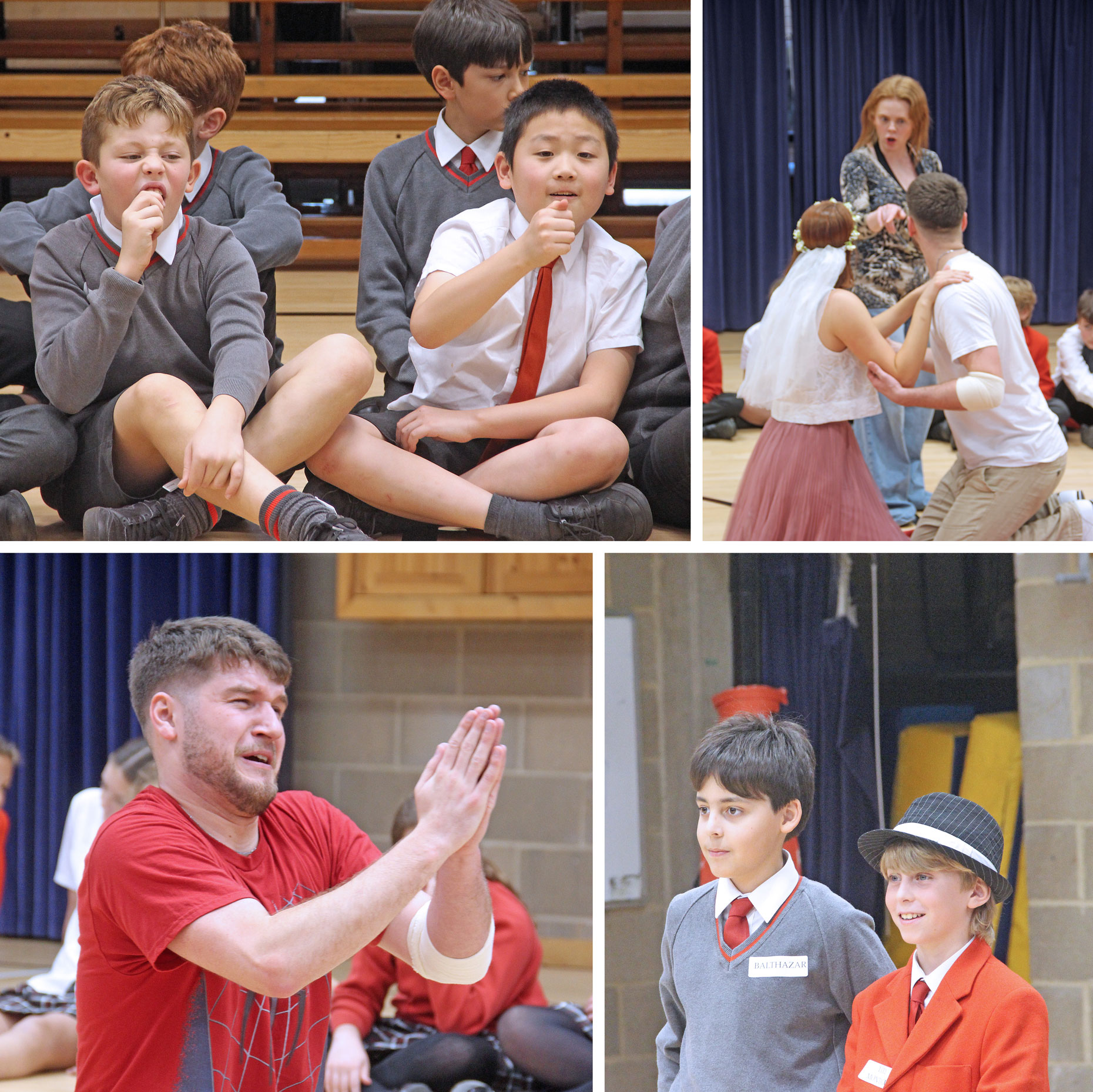 4 pictures showing children watching a play