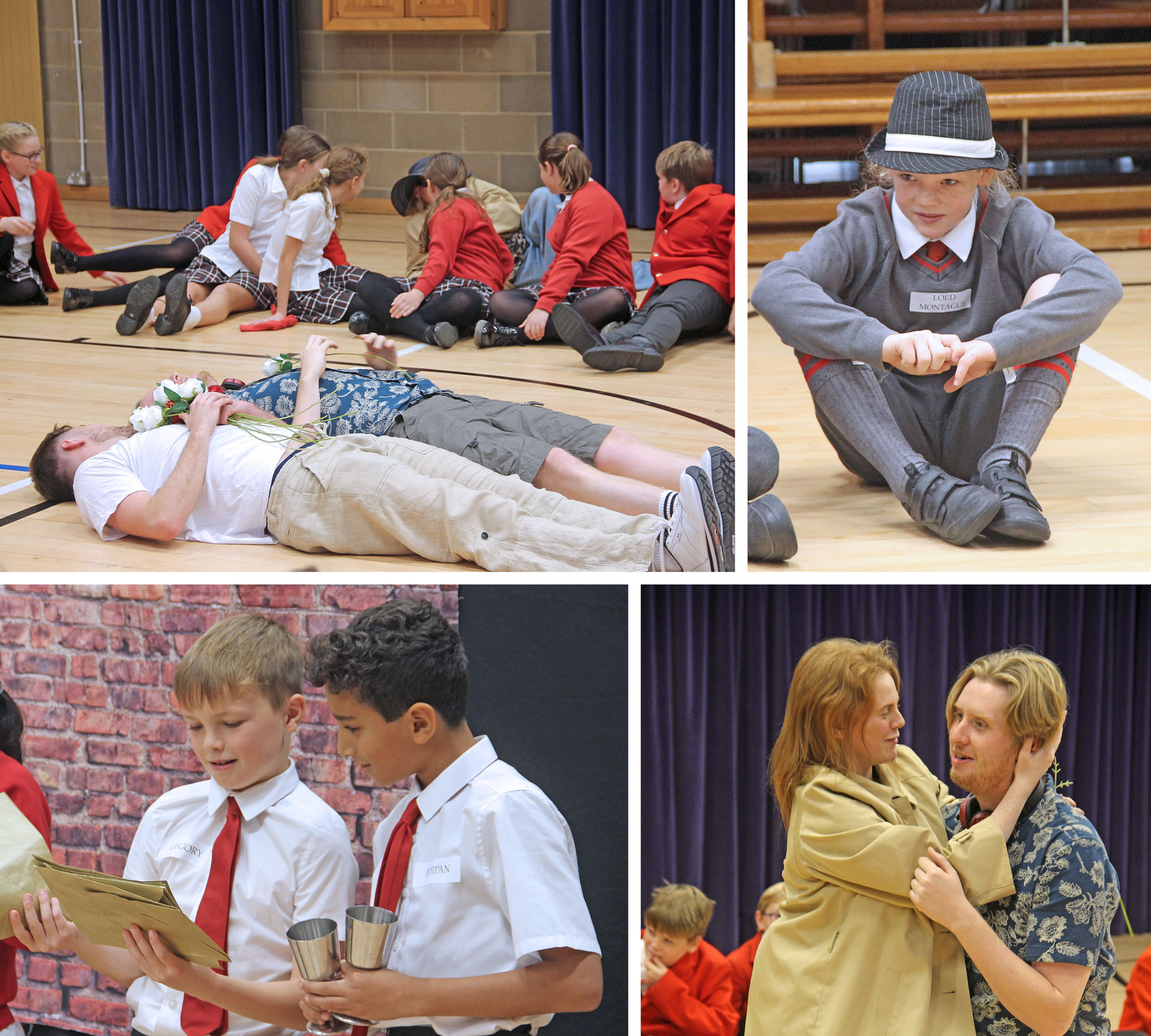 4 photos of children watching a play