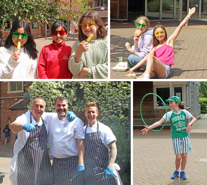 4 photos, 1 showing children eating ice lollies, 1 showing children eating a burger, 1 showing chefs grilling and 1 showing a child with a hula hoop