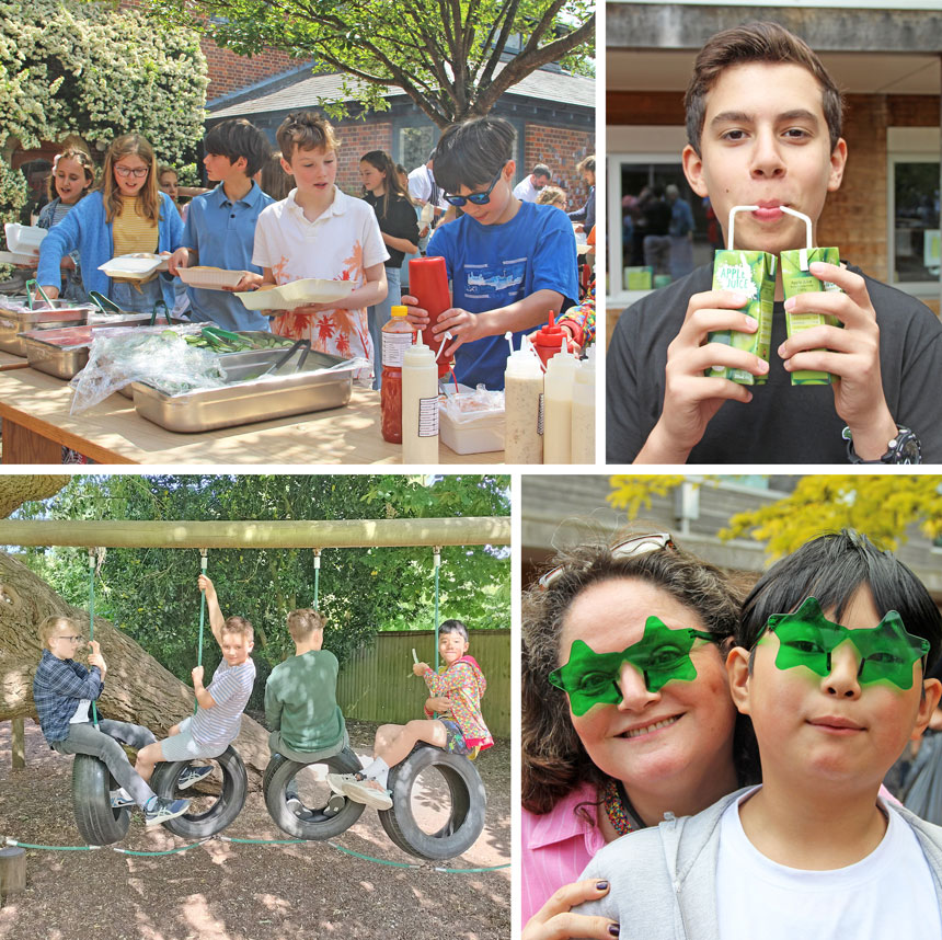 4 photos, 1 showing children at a salad bar, 1 showing a child drinking juice, 1 showing children on swings and 1 showing a teacher and child wearing fun glasses 