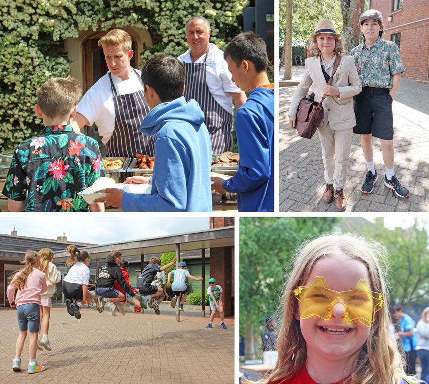 4 photos, 1 showing children at a BBQ, 1 showing children in home clothes, 1 showing children skipping and 1 showing a child in fun glasses 