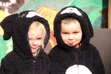 two young children standing on a stage dressed in cow outfits